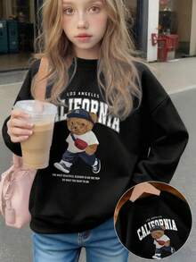 1 pieza Sudadera casual con cuello redondo y estampado para niñas preadolescentes y estudiantes, otoño/primavera - Negro - Ver 7