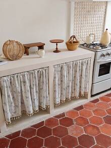 1pc Floral Cotton Kitchen Short Curtain/Cafe Curtain, Without Curtain Rod, Vintage Pastoral Romantic Daisy Pattern Semi-Sheer Beige Tassel Curtain, Cafe Country Farmhouse Kitchen Half Curtain - Multicolor - View 6