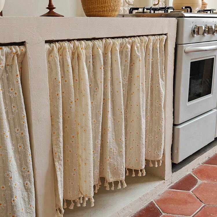 1 pieza Cortina corta de cocina con patrón floral de algodón/Cortina de café, sin barra de cortina, cortina semitransparente con borlas de estilo vintage y romántico con patrón de margaritas, bolsillo para barra, cortina clásica de media ventana para cocina de estilo granja, apta para uso doméstico y comercial, se puede usar para decoración de cocina y ventanas, combinación de cortinas vintage y decoración navideña de ventanas - Multicolor - Añade 8