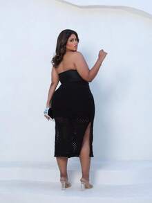 Plus Size Midi Skirt With Openwork Fabric In Modal Knit, Elegant, Casual - Black - View 3