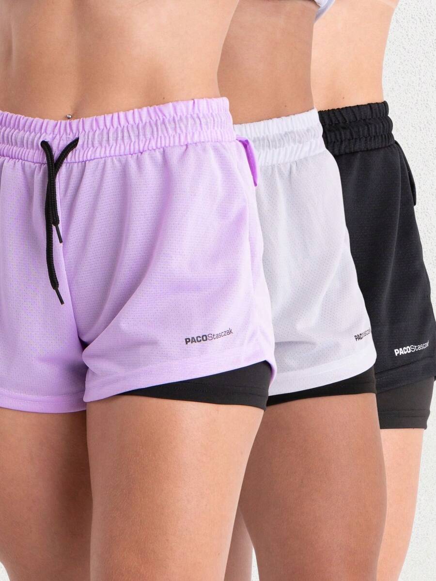 Women's 2-In-1 Dryfit Gym Shorts Kit: 3 Double Shorts For Training, Hiking And Other Sports - Negro+Blanco+Lila - Ver 1