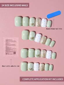 24片短方形爱心波点亮片美甲贴纸，白色和绿色，适用于亚克力美甲，包含1瓶果冻胶和1把指甲锉，易于佩戴，适合女性和女孩日常佩戴和参加派对。美甲用品 - 彩色 - 查看 3