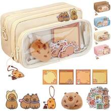 Bonito Estuche para Lpices de Carpincho, Caja de Almacenamiento de Papelera con Pegatinas y Otras decoraciones, Lapiceras Escolares de Gran Capacidad con 4 Compartimentos para La Escuela, Oficina - Blanco+25 - Ver 2