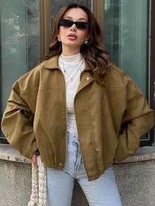 女士飞行员夹克，春季外套，宽松长袖拉链复古夹克，新款夹克，绿色外套 - 銅色 - 查看 3