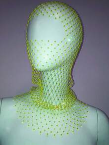 Sparkly Rhinestone Decor Women Caps Hollow Out Fishnet Hole Full Face Mask Headscarf Hats Party, School