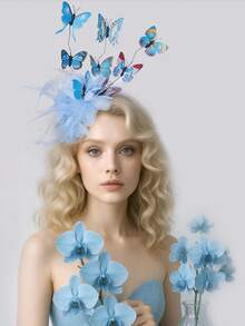 1pc Butterfly Headpiece, Women's Derby Floral Headband Hat, Feather Tea Party Butterfly Halloween Party Headband - A - View 2