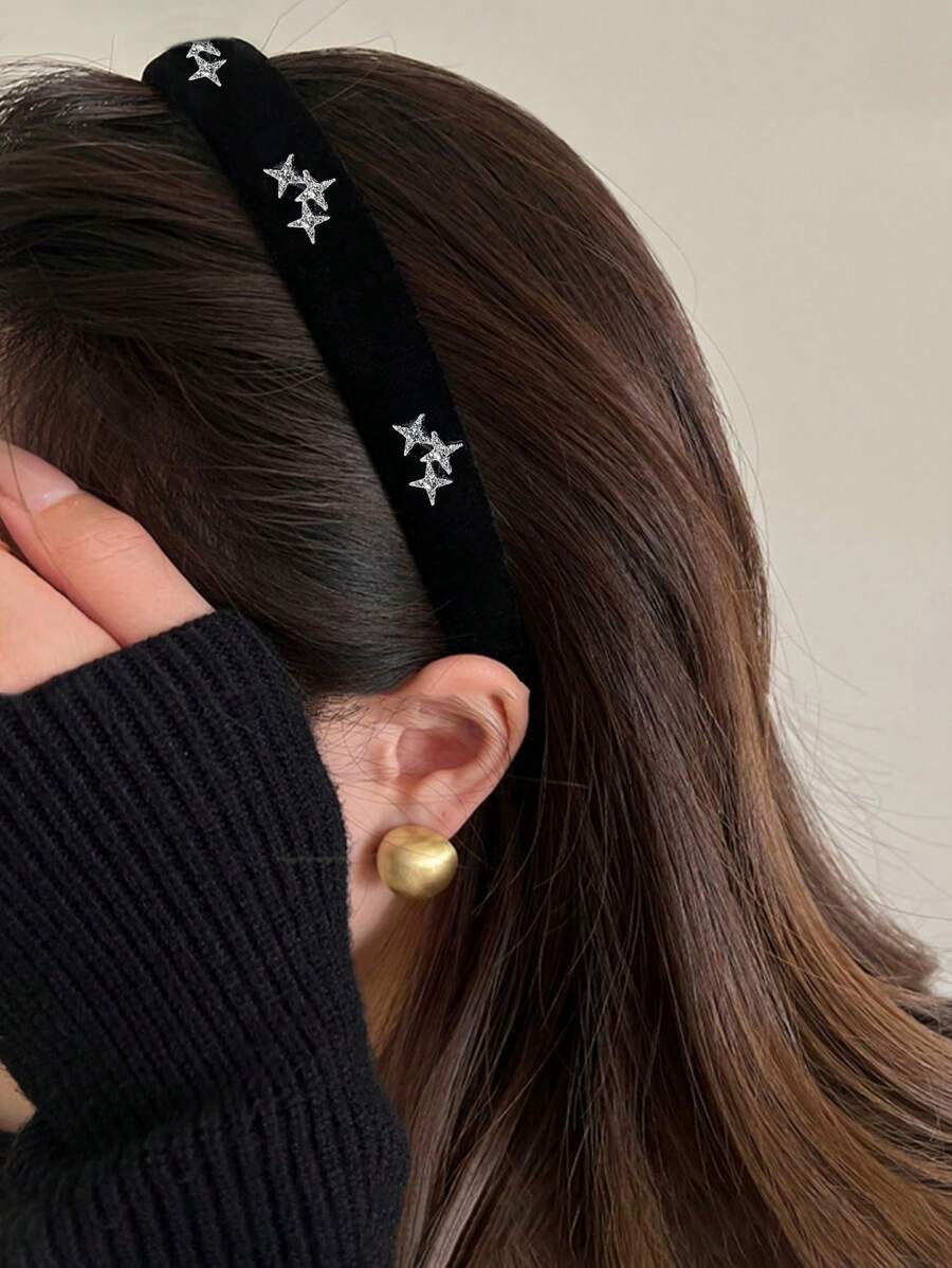 1件 2cm寬女士黑色秋冬天鵝絨星星水鑽寬邊海綿墊防滑髮箍,百搭髮飾,適用日常/約會/通勤 - 黑色 - 查看 1