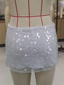 Women Y2k Sequin Short Skirt Glitter Stretchy Low Waist Mini Skirt Sparkly Club Party Skirt Night Out 00s Streetwear - 藍色 - 查看 9