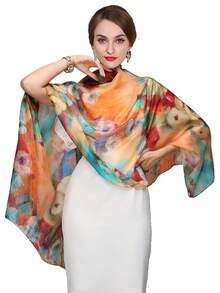 100% Mulberry Silk Scarf For Women Lightweight Long Scarves Beach Wraps Cover Up -Travel Photography Scarfhalloween - 橘藍 - 查看 12