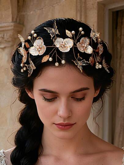 1pc Bride Flower Wedding Hair Vine Butterfly Hair Piece Gold Bridal Pearl Headband For Bride Leaf Headpiece Wedding Hair Accessories For Women