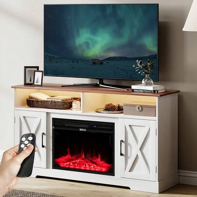 Bakaji Mobile TV Moderno Bianco e Legno con Camino Elettrico, Effetto Fiamma 3D Realistico Potenza 900/1800W, Mobiletto Caminetto Integrato e Protezione Surriscaldamento, Led e Fuoco RGB, 138x40x76cm