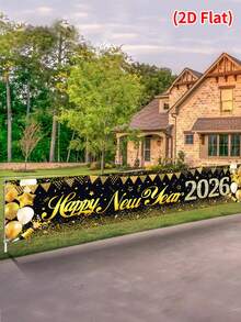 1件2026新年快乐背景横幅，黑金悬挂式旗帜背景，带气球设计，新年除夕庆祝用品，新年派对装饰，背景装饰，新年拍照道具，新年快乐装饰，节日派对用品，花园装饰 - 彩色 - 查看 6