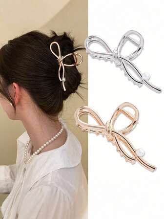 1pc Minimalist Bow Pearl Metal Hair Claw Clip, Large Size Hair Claw For Everyday Wear, Suitable As Gift Elegant Hair Clips Winter Hair Accessories Fashion Hair Cluth