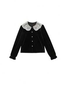 French Elegant Design Pearl Button Blouse, Slim Fit Velvet Puff Sleeve Top For Women - Black - View 2