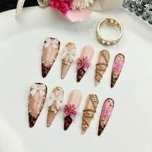 10pcs Pure Hand-Wom Nail,3D White Bow, Pink Floral Art, Gold Dots & Pearl Details | Nude Pink Chic Fake Nails For Women - Perfect For Parties, Dates, Daily Style & Special Occasions,Stiletto Press - On Nails With Leopard Print - 杏色 - 查看 2