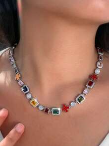 1 件精美多色方晶锆石珐琅十字架镀金链条项链女士奢华方晶锆石珠宝 - multi shape - 查看 5