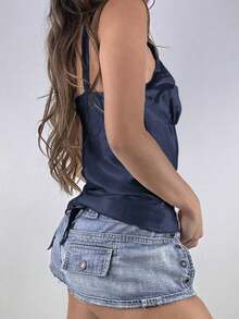 Y2K Style Solid Deep V-Neck Strap Tank Backless Fitted Sexy Lace Camisole Top Streetwear Graduation Outfit Suitable For Summer Beach Vacation, Date, Music Festival And Concert,4th Of July USA