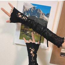 Y2K Aesthetic Lace Criss-Cross Arm Sleeves - Sexy Sheer Mesh Vintage Fingerless Gloves - Millennium JK Style Cosplay Accessories - Sweet Streetwear For Summer (Global) - White - View 7