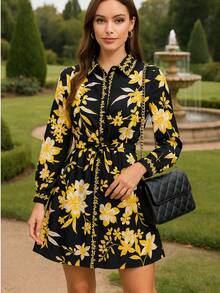 Bluson vestido ligero con cinto floreado y cuello, manga larga jubenil bonito fresco - Negro - Ver 1