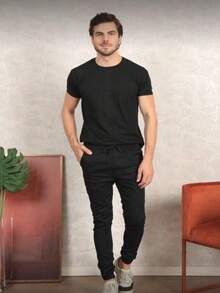 Men's Twill Jogger Pants With Elastic Waistband - 黑色 - 查看 3