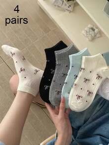 4双可爱百搭蝴蝶结设计女士踝袜，甜美欧美风格，适合日常穿着 - 彩色 - 查看 12