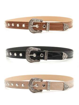 1pc Crocodile Embossed Punk PU Leather Vintage Carved Alloy Buckle Belt For Women, Suitable For Jeans