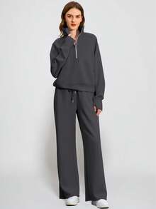 Women's Casual Elegant Long Sleeve Top And Pants Set, Autumn/Winter Spring - Dark Grey - View 2