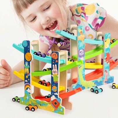 4层木制滑翔机蒙特梭利惯性轨道车玩具，动物与交通主题早教玩具，生日礼物
