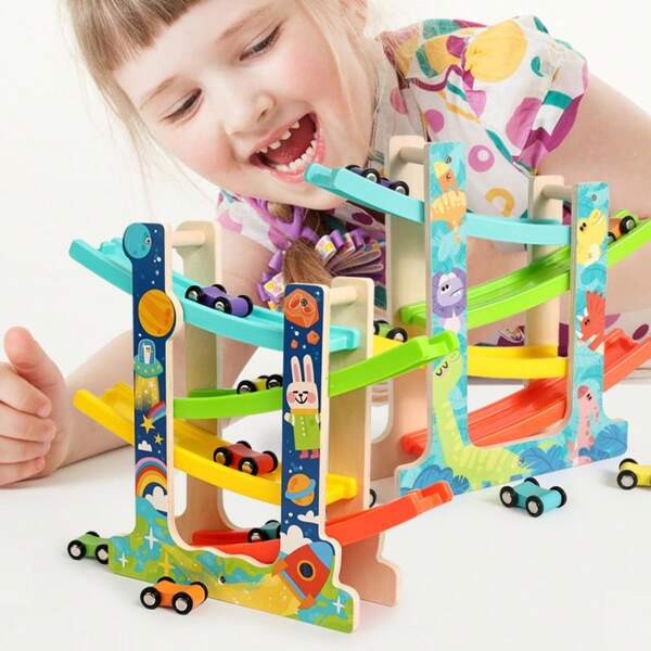 4-Layer Wooden Glider Montessori Inertial Track Car Toy, Animal & Transportation Theme Early Education Toy, Birthday Gift