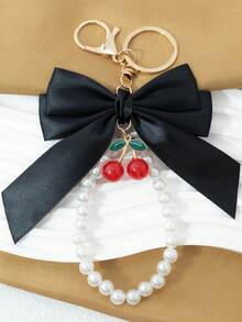 1 Elegant Faux Pearl Bracelet And Bow Decoration Keychain Pendant, Equipped With Creative Zinc Alloy Simulated Cherry Accessories, Fashionable Women's Bag Pendant, Suitable For Bag Chains, Mobile Phone Hanging Chains, Keychains, And Gifts For Friends' Mothers Christmas