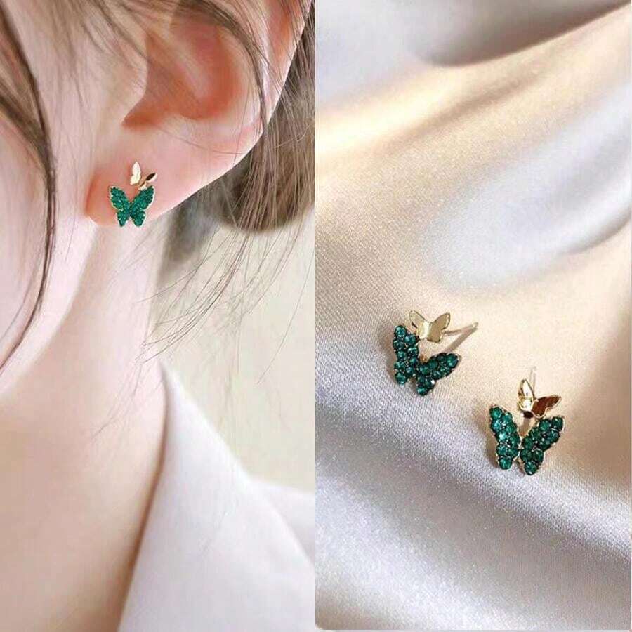 1 Pair Elegant Butterfly Stud Earrings, Minimalist Blue Petite Earrings For Women & Students, Cute And Stylish Ear Jewelry, Perfect For Everyday Wear & Casual Occasions - 綠色 - 查看 1
