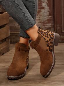 Leopard Print Ankle Boots, Casual Slip-On Elastic Round Toe Boots For Women, Suitable For Beach, Party, Spring & Autumn