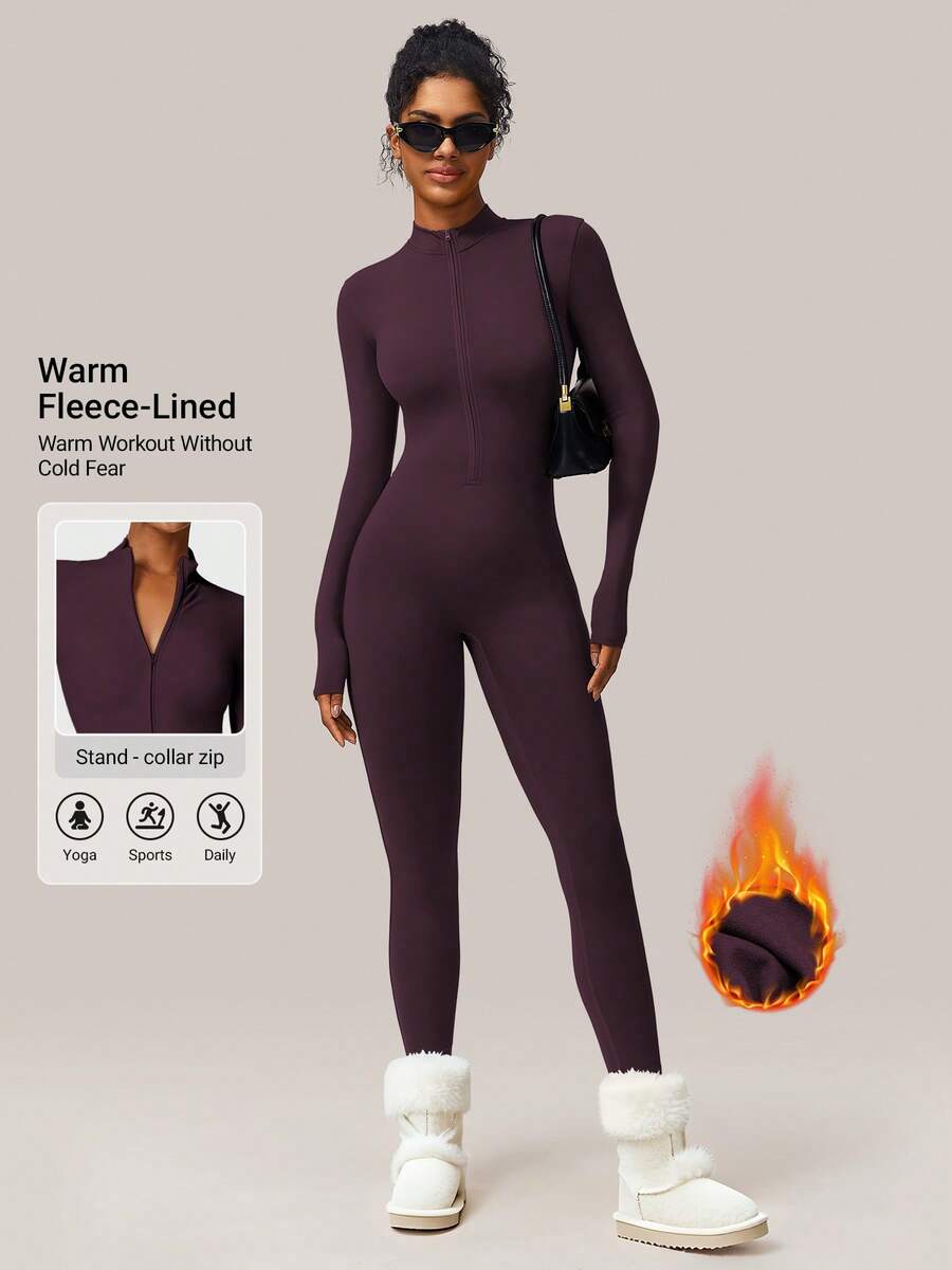 YEOREO Winter Skiwear Fall Clothes For Women Fleece Long Sleeve Zipper Jumpsuit Zip Up Romper Bottom Pants Bodysuit Bodycon Sexy One Piece Fabric Spandex Tops Stretchy Flexible Bodysuit - Nho tím - Xem 1