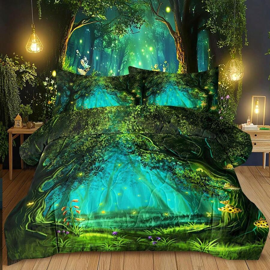 Forest Comforter Set Full Size Premiuicrofiber Green Forest Mushroom Butterfly Flower Pattern Comforter 3 Piece Aesthetic Green Bedding Set With 2 Pillow Shams,23456153 - 綠色 - 查看 1