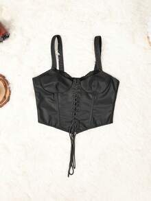 Apperloth A Sexy PU Leather Boned Corset Black Crop Tops V-Neck Grommet Eyelet Lace Up Front Curved Hem Backless Overbust Shapewear Wide Strap Cami Tank Top For Women Halloween Costumes Rave Festival Outfits - màu đen - Xem 4