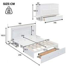=(WX000705AAK) 140 X 200 Mobile Murphy Bed With Drawers At The End Of The Bed And A Small Shelf On The Side Of The Bed, Convertible Platform Beds, White - 1 - 查看 5