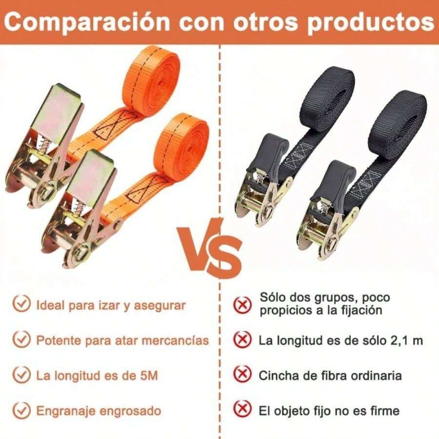 Correas de Carraca Retrctile Juego 4 2.5CM*5M Carga Mx 800KG, Correas de Amarre Remolque, Sujetadore Trinquete con Matraca Resistente a la Rotura para Coche Caravana Moto Bicicleta Camin - naranja - Ver 1