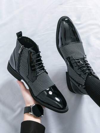 Designer High-Quality Black & White Barber Autumn/Winter Fashion Patent Leather Chelsea Boots, Formal Dress Shoes, Printed Casual Shoes, Comfortable Retro Pointed Toe Oxfords, Gentleman's High-Grade Leather Boots Suitable For Groom And Groomsmen Wedding Attire