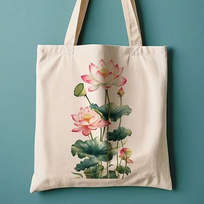 1pc For Lotus Flower Canvas Tote Bag - Reusable Grocery Bag With Vibrant Pink For Lotus & Green Leaves Design, Durable Polyester Canvas, Leak-Proof 13.8"X15.8" For Beach, Commuting, Shopping - Ideal Gift For Nature Lovers, Mother's Day, Graduation, Easter, Beach Carryall, Artistic Handbag, Highquality Fabric, Shoppers