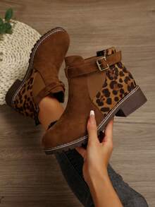 Leopard Print Ankle Boots, Casual Slip-On Elastic Round Toe Boots For Women, Suitable For Beach, Party, Spring & Autumn