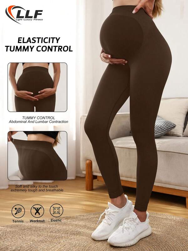 Pregnant Women's Seamless Solid Color High Waist Ribbed Waistband Yoga Pants, Basic Slim Fit Workout Leggings