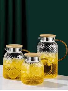 1个高硼硅玻璃果汁/饮料壶，带竹钢盖，米粒纹理冷水壶，大容量茶壶，厨房用具 - 彩色 - 查看 3