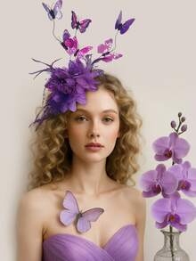 1pc Butterfly Headpiece, Women's Derby Floral Headband Hat, Feather Tea Party Butterfly Halloween Party Headband - A - View 4