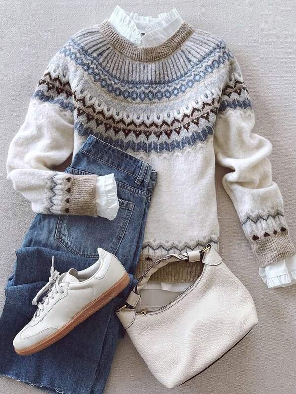 Women's Autumn/Winter Fashionable, Comfortable, And Stylish Geometric Fair Isle Pattern Round Neck Long Sleeve Sweater Knitted Loose Pullover