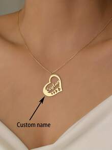 1PC Custom Heart-Shaped Name Necklace, Personalized Heart-Shaped Pendant Necklace, Exquisite Love Pendant, Custom Jewelry, Women's Necklace, Name Necklace, Gold Necklace And Silver Necklace, Hollow Heart Necklace, Personalized Gift, Halloween Jewelry, Birthday Gift/Valentine's Day/Christmas Gift For Wife And Girlfriend - Multicolor - View 2