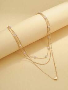 3-Layer Minimalist Heart-Shaped Faux Pearl Necklace Set For Women, Elegant Dainty Jewelry Perfect For Dates, Gatherings, Vacations, Everyday Wear, And Holiday Gifts, Stylish Layered Accessory For Any Occasion - Kiểu 1 - Xem 2