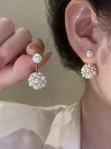 1 Pair Delicate & Luxurious Faux Pearl Front-Back Earrings In Minimalist French Style, Elegant Double-Sided Studs For Women, Perfect For Everyday Wear, Parties, And Special Occasions - 彩色 - 查看 5