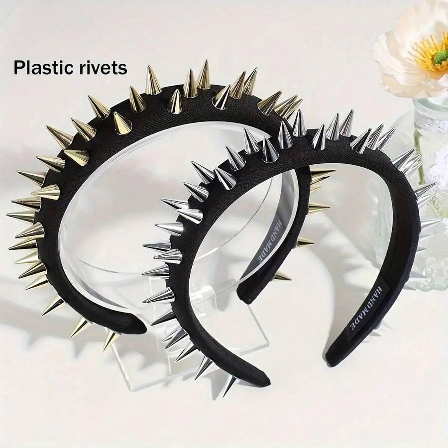 Women's High-End Studded Black Headband, Wide-Brimmed, Fashionable Punk-Style Headband Hair Clip Summer. - 金色 - 查看 1
