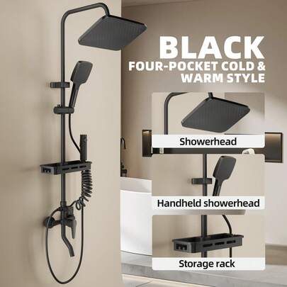 Juego de sistema de ducha negro redondo, juego de sistema de ducha negro con ducha de lluvia superior, ducha de mano montada en la pared y grifo de bañera, accesorios de baño, herramientas de baño