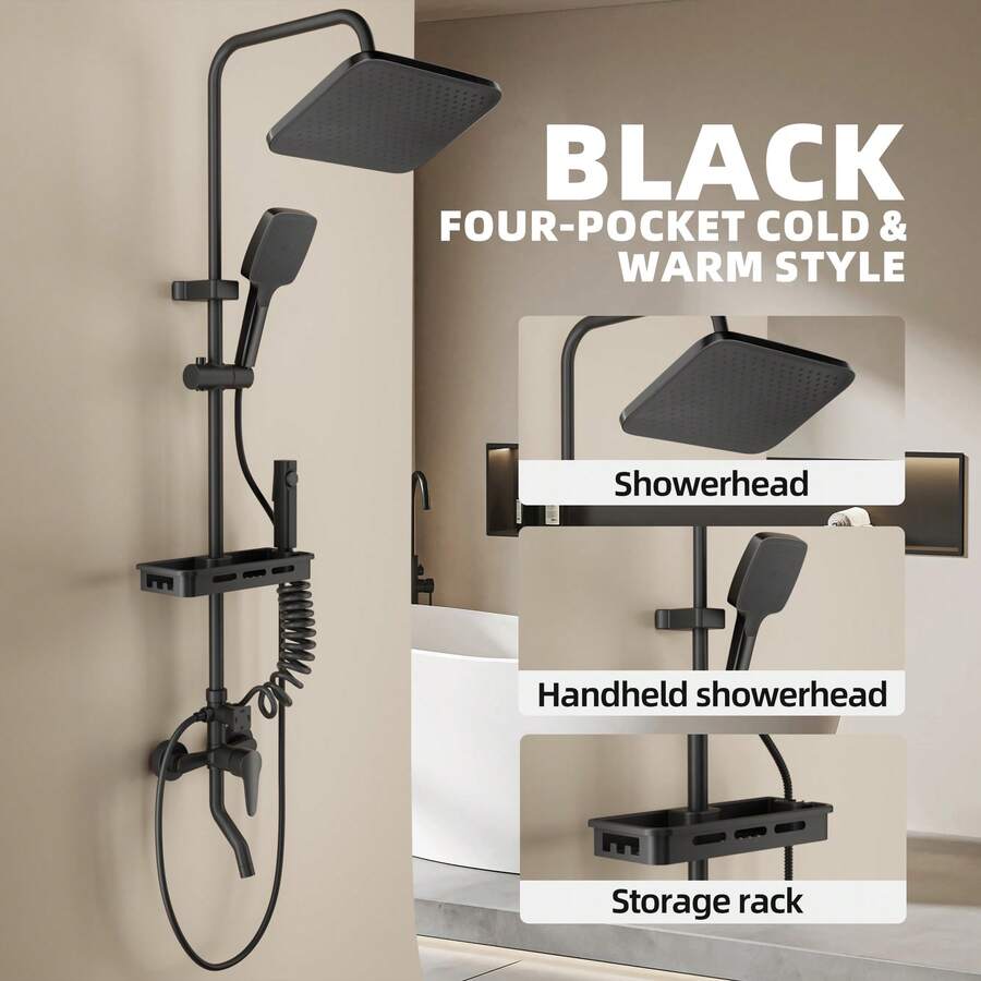 黑色圆形淋浴系统套装，包含顶部雨淋式花洒、壁挂式手持花洒和浴缸龙头，浴室配件，浴室工具